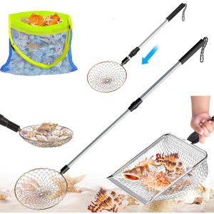 3Pcs Beach Sand Sifter, Adjustable Shark Teeth Sifter Shell Shovel Rock Scooper with Shell Collecting Bag- Beach Scoop Shovel and Sifter Tool for Picking Up Shells (Sand Sifter & Scooper) (Sliver)