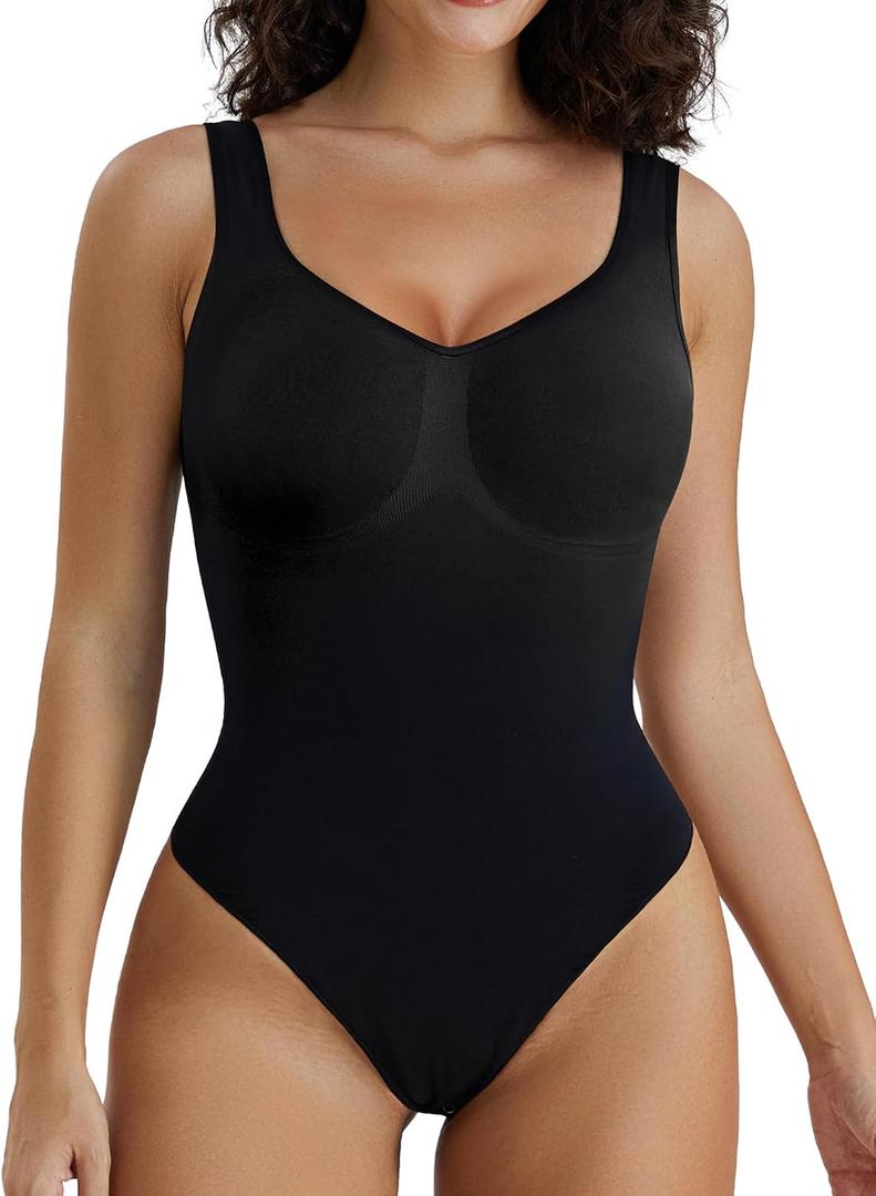 SHAPERX Women's Shaping Mid-Thigh Bodysuit Tummy Control Shapewear Seamless Full Body Shaper (Black, L/XL)