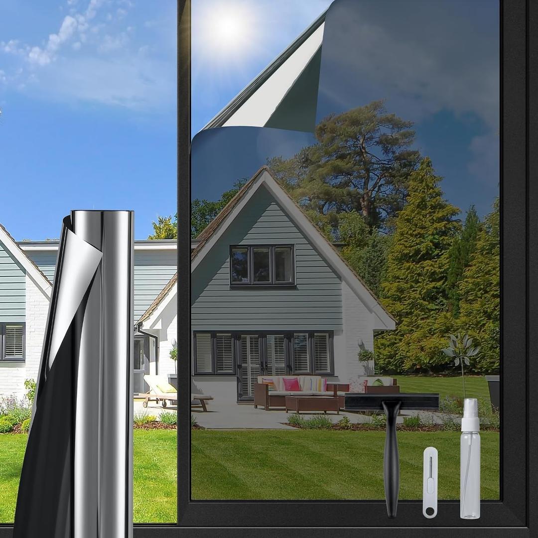 DOWELL One Way Window Privacy Film with 3 Tools Window Tint for Home Heat Control Anti UV Sun Blocking Reflective Mirror Covering See Out Not in for House and OfficeBlack Silver 35.4" x 78.7"
