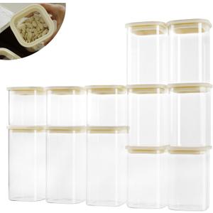 12pcs Square Glass Pantry Storage Containers with See Through Lids Kitchen Jars Sets for Cereal, Chips Refrigerator Safe, Professional Glass Canisters, Patent Approved (12PCS/MIX)