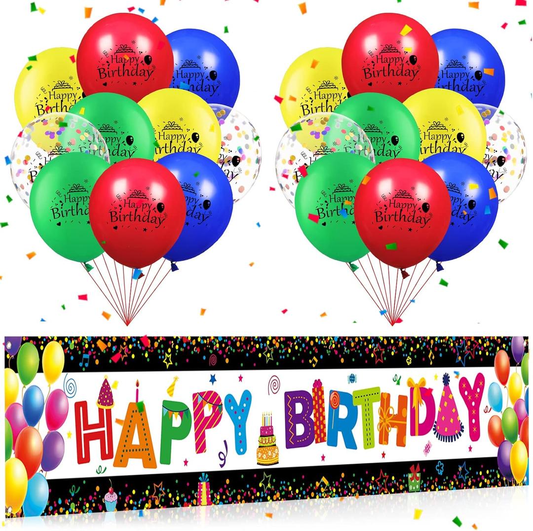 Colorful Birthday Party Decorations for Kids Rainbow Happy Birthday Yard Banner with 18Pcs Colorful Balloons Happy Birthday Yard Sign for Boys Girls Birthday Party Supplies Indoor Outdoor Decor