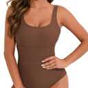 One Piece Swimsuit for Women Tummy Control Bathing Suits Scoop Neck Square Back Swimwear (XX-Large, Brown)
