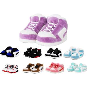 Warm Sneaker Slippers Anti Slip Soft Comfy House Shoes Plush Fuzzy Slide One Size Fits Most Bigfoot Gift Winter Fluffy Slides For Indoor Outdoor (Small-Large Women/Small-Large Men, Purple White)