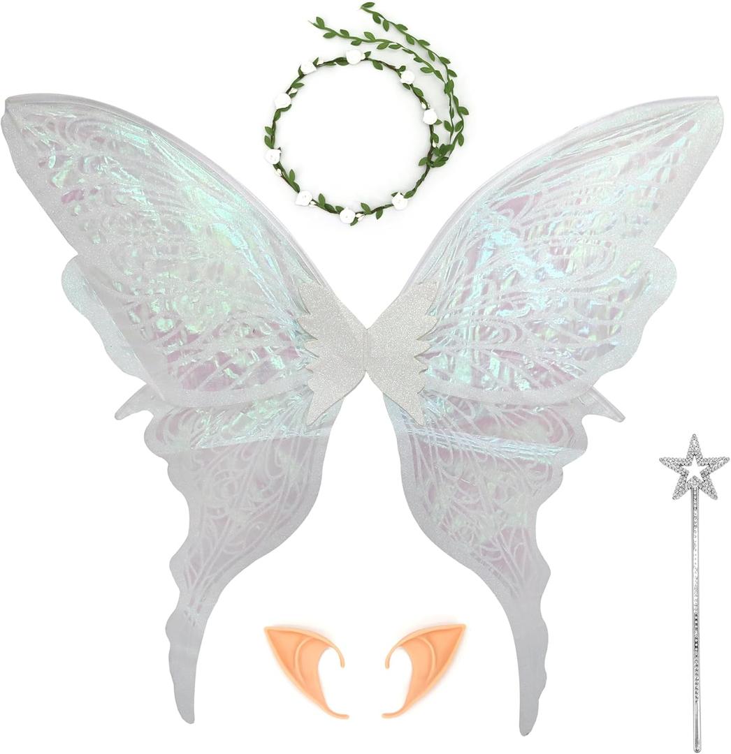 Large Fairy Wings for Adults, 32"x30" Oversized Sparkly Organza Butterfly Wings for Women Cosplay, Parties (White)