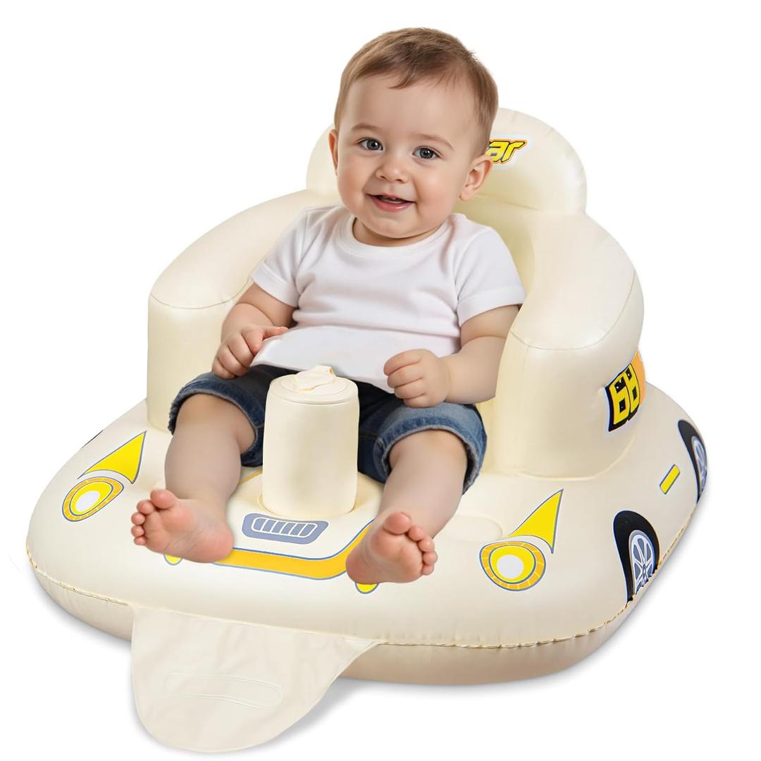 JOSEN Inflatable Seat for Babies 3 Months & Up, Baby Floor Seat Learn to Sit Up, Portable Infant Feeding Shower Chair, Blow Up Baby Chair with Built-in Air Pump - Cool Car