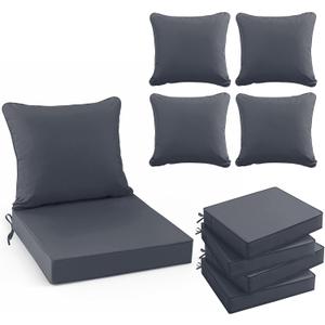 Waterproof Outdoor Cushions for Patio Furniture, Fade Resistant Backrest and Deep Seat Cushion Set with Removable Cover, 22 x 22 Inch, Dark Grey, Set of 4
