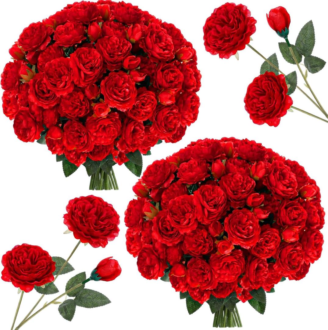 Thiccywoov 36 Bundles Artificial Flowers Peonies Roses 108 Heads Fake Silk Peony Bouquet Floral Arrangements for Wedding Bridal Shower Valentine's Day Table Centerpieces Vase Decoration(Red)