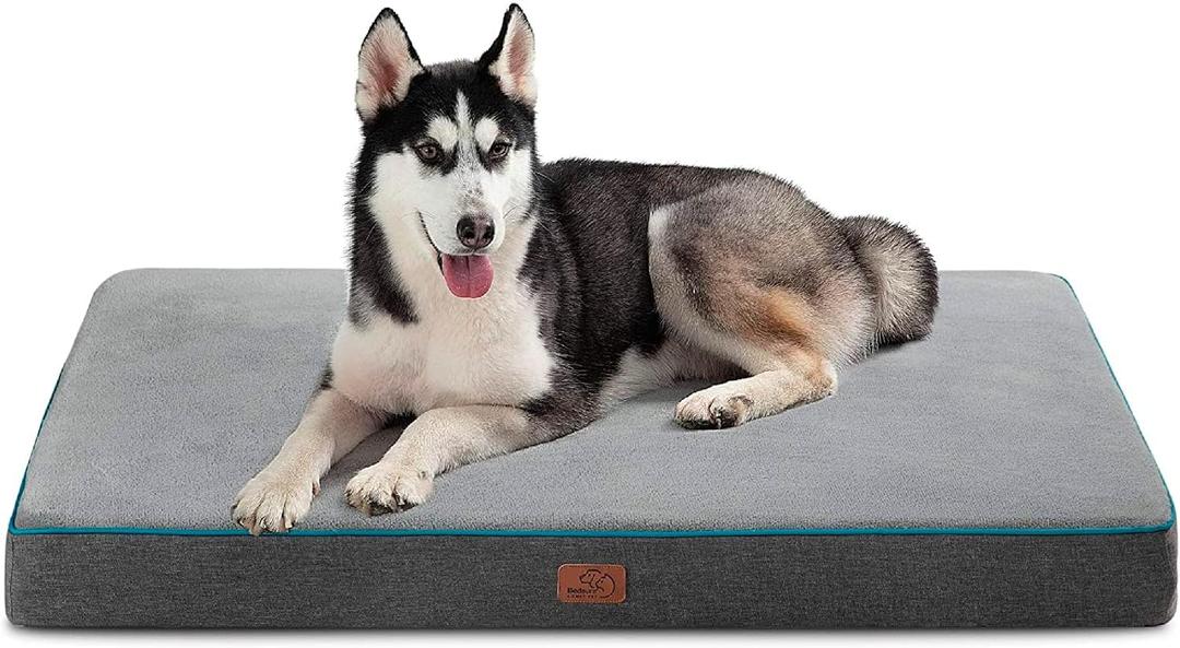 Bedsure Memory Foam Dog Beds Large Sized Dog, Orthopedic Crate Pads, 35x22 | Dual-layer Foam Mat for Optimal Support,Comfy Plush Flannel Fleece Pet Pillow , Removable Washable Cover, Nonslip Bottom，Grey