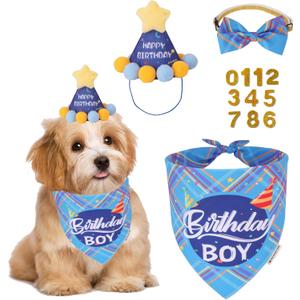 ADOGGYGO Dog Birthday Party Supplies, Blue Birthday Boy Puppy Bandana, Bowtie, Numbers, Party Hat for Small Dogs (Small)
