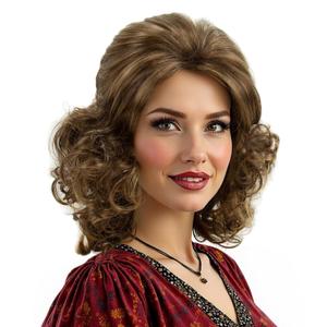 Short Brown Highlight Curly Wig with Bangs for Women Heat Resistant Synthetic Hair Water Wave fits 70s 80s Retro Costume or Halloween Party Wigs