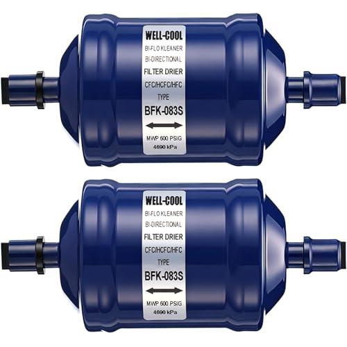 Threlaco 2 Pcs Bi Flow Filter Drier for Heat Pump Refrigerant Filter Drier 3/8 Sweat Ek-083s for Refrigerants Straight Cool R410A R12 R22 R134A R404A Air Conditioning Refrigeration Systems (Blue)