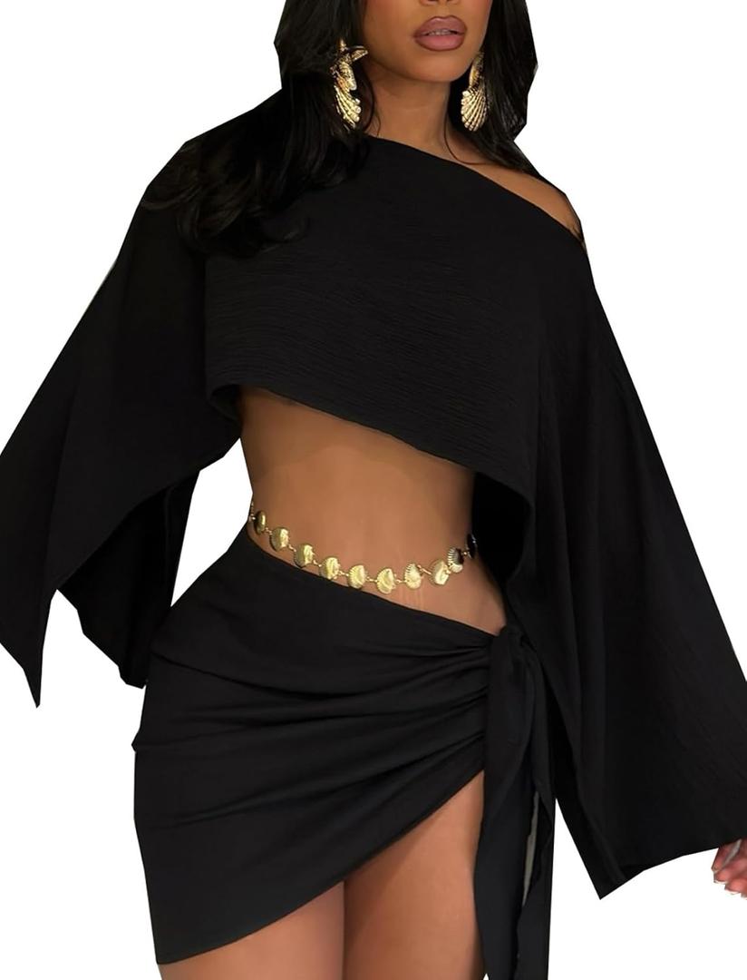 JYAOVO Women's 2 Piece Outfits Batwing Off Shoulder Irregular Crop Top and Mini Skirt Set Sexy Matching Sets (Black)