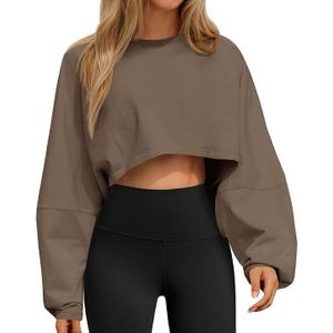 Tankaneo Womens Long Ballon Sleeve Sweatshirts Tops Cropped Crew Neck Loose Fit Casual Workout Shirts (Medium, Brown)