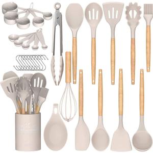Umite Chef Kitchen Cooking Utensils Set, 33 pcs Non-Stick Silicone Cooking Kitchen Utensils Spatula Set with Holder, Wooden Handle Silicone Kitchen Gadgets Utensil Set (Khaki), Large