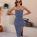 Womens Summer Striped Dress Strapless Side Slit Bodycon Sundress Casual Going Out Dress Beach Vacation Dresses (Blue, S)