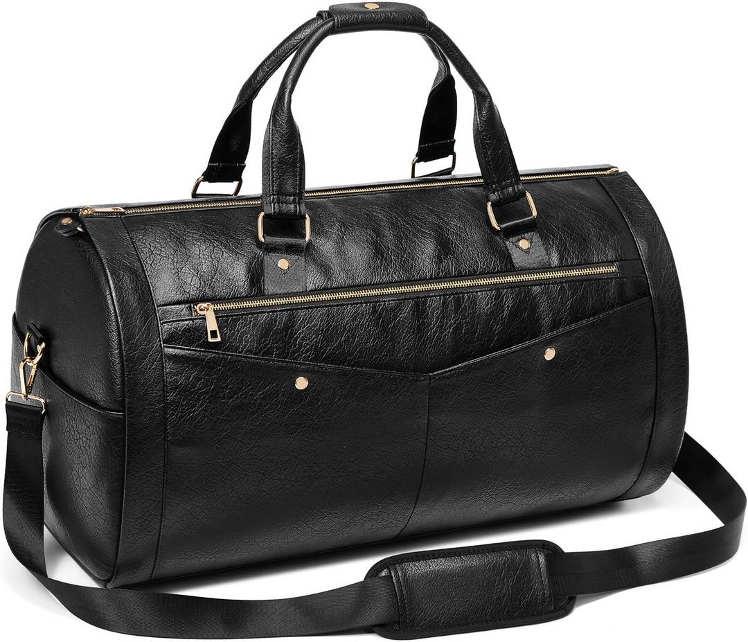 Garment Bag for Travel, Convertible Suit Garment Bag for Men, Stylish Carry On Garment Bag with Shoulder Strap, 2 in 1 Foldable PU Leather Garment Duffle Bag Suit Travel Bag for Men, Black, Two Way, 20"x11"x12"
