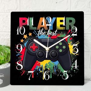 ArtSocket Game Gamer Kids Wooden Wall Clock Silent Non-Ticking, Colorful Gamepad Gaming Kids Square Rustic Wall Clocks Decor for Home Kitchen Living Room Office, Battery Operated(12 Inch)