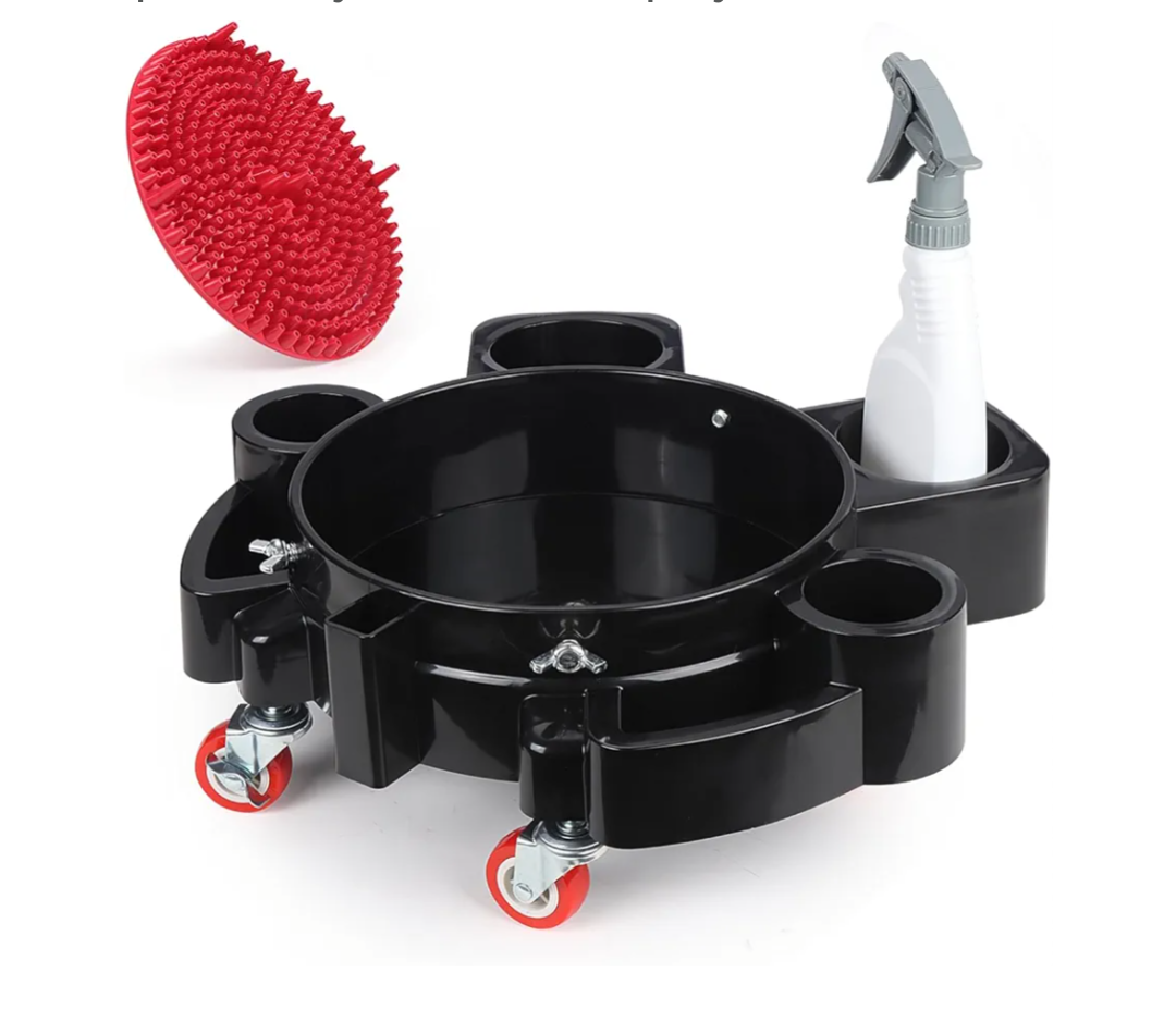 LCGP Bucket Dolly 5 Gallon Car Wash Professional Cleaning Bucket with Heavy Duty Wheeled Casters, Complimentary Strainer and Sprayer, Black