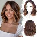 Brown Highlight Short Wavy Wig for Women Lace Hairline Bob Style Synthetic Heat Resistant - Natural Appearance for Everyday Hairstyle 12 Inch