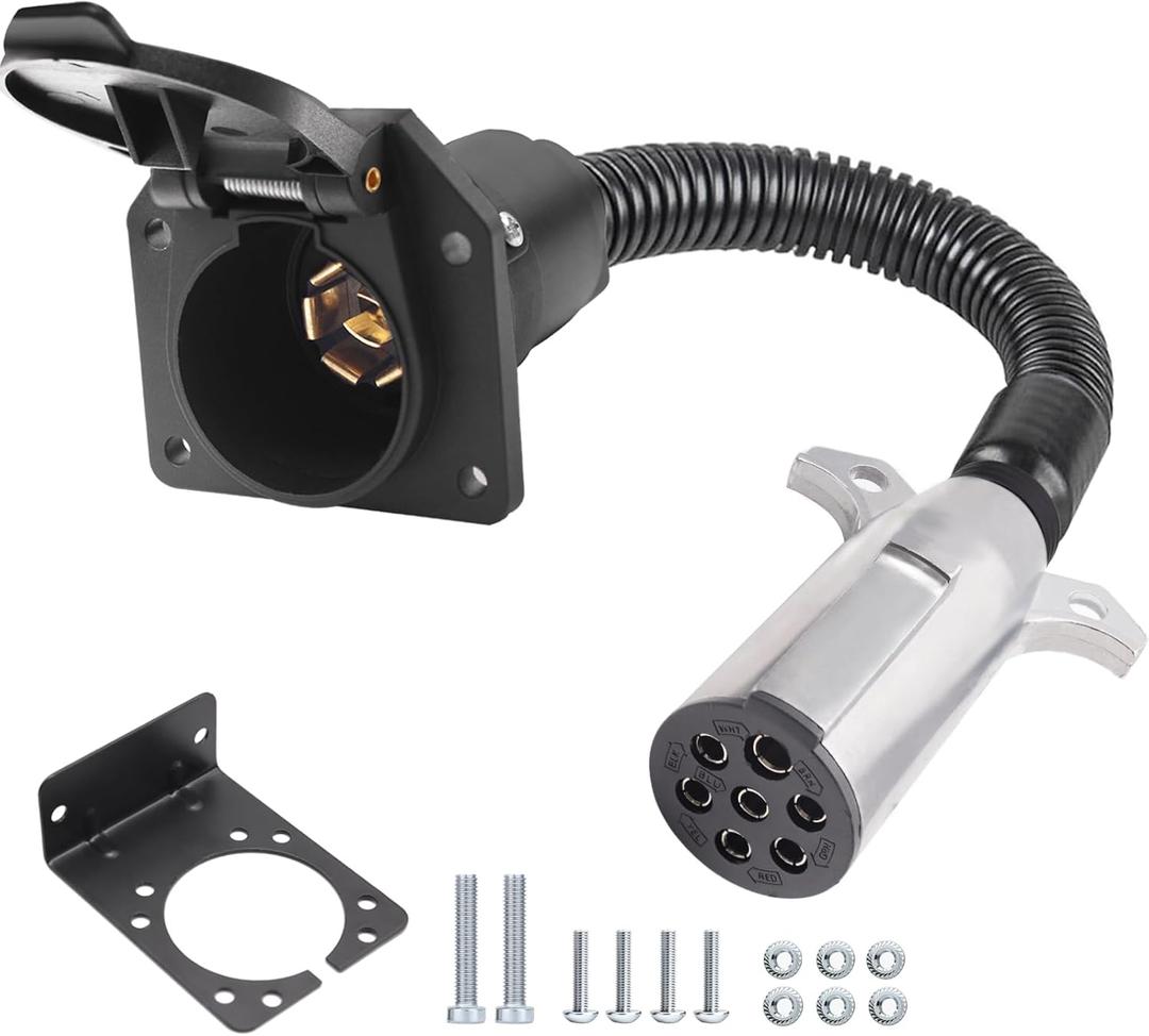 7 Pin Round to 7 Pin RV Trailer Adapter,7 Pin Trailer Plug Adapter with Mounting Bracket,7 Pole Round to 7 RV Blade Adapter Connector, Trailer Connector
