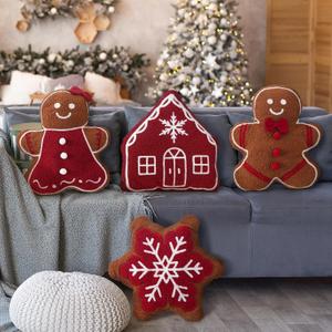 4 Pcs Christmas Throw Pillows Plush Gingerbread Men Gingerbread House Snowflake Shaped Pillow for Christmas Winter Holiday Party Outdoor Bedroom Cushion Decoration(Red)