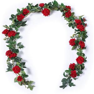 Floweroyal 2pcs Artificial Rose Vines 5.5ft Velvet Flowers for Garland Hanging and Wedding Decor (Red).