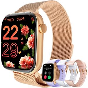 MIDDOW Smart Watches for Women Men, 1.85 Inches AMOLED Screen (Answer/Make Calls), Heart Rate/Sleep Monitor, Fitness Tracker Watch with AI Voice, 100+ Sports Modes (4 Straps) (Rose Gold)