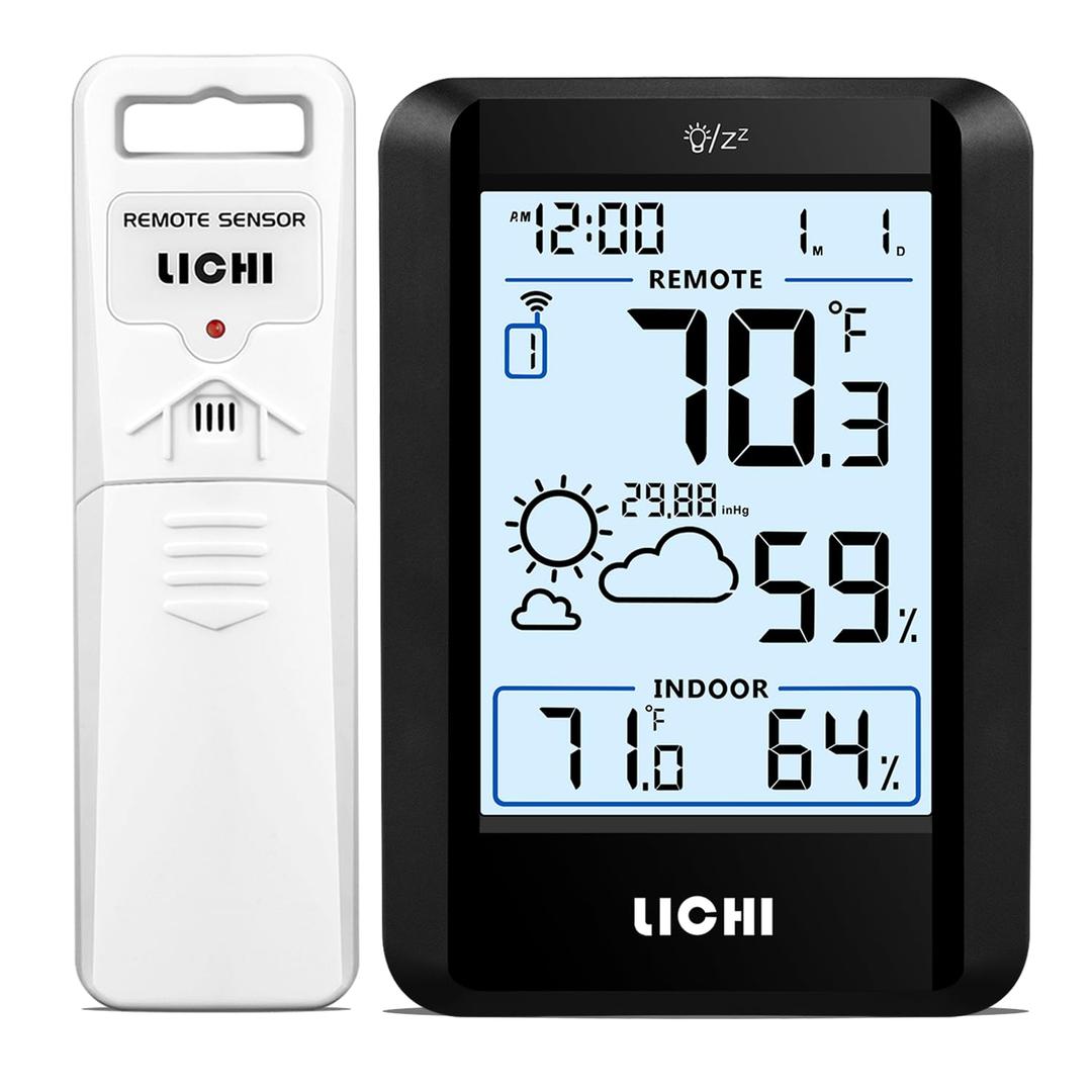Indoor Outdoor Thermometer Wireless Weather Station External Thermometer Hygrometer Monitor with 330ft Range Remote Sensor, Battery Operated Backlit Display (Black)