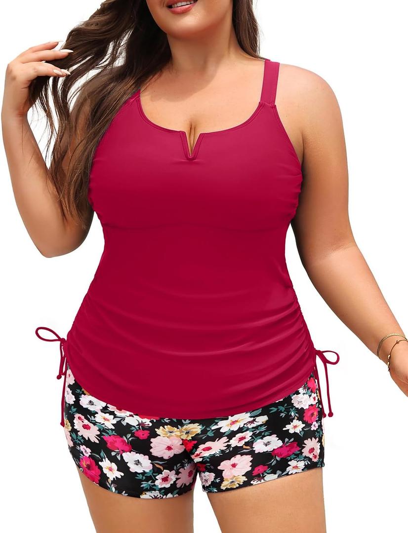 Women's Plus Size Tankini Swimsuit - Two Piece Bathing Suit with Shorts 2025 V-Wired Tummy Control Swimwear, ( 16 W )