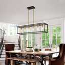 6 Lights Modern Dining Room Light Fixtures Over Table Black & Brushed Brass Gold Farmhouse Chandelier Rectangular Pendent Lighting for Kitchen with Glass Shade Long Linear Industry Hanging Light