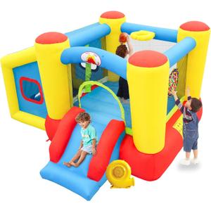 Inflatable Bounce House with Blower, Jumping Castle Slide, Kids Bouncer with Ball Pit, Basketball Rim, Dart Target Game
