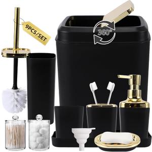 Black Bathroom Accessories Set, Black and Gold Bathroom Accessories with Trash Can, Tray, Soap Dispenser, Soap Dish, Toothbrush Holder, Toothbrush Cup,Toilet Brush and Qtip Holders