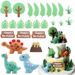 25PCS Dinosaur Cake Topper, Leaves Trees Cake Decorations Birthday Cake for Dinosaur, Jungle Safari Themed Birthday Decorations Supplies