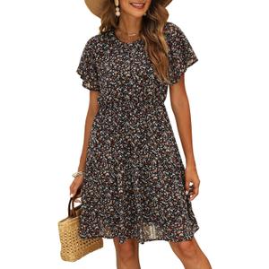 Manydress Women's Chiffon Floral Dresses Casual Summer Boho Flutter Sleeve Flowy Skater Western Dress MY112 M