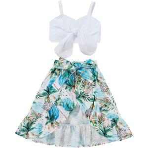 Tiny Cutey Toddler Baby Girl Clothes Ruffle Crop Top +Boho Floral Skirt Summer Dress Outfit Two Piece Set (White Top+full Coconut Tree Skirt) Size 140