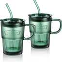 Joeyan Glass Coffee Cup Tumbler with Handle Lid and Straw, Smoothie Iced Coffee Tea Glasses Mug, Green Colored Drinking Jar for Water Juice Beverages Soda Milk, 15oz, Set of 2, Dishwasher Safe
