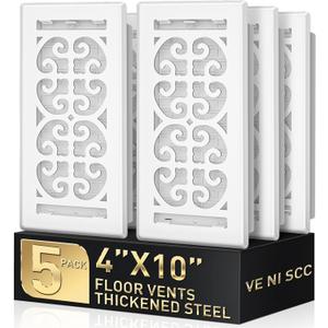 4x10 Floor Register Vent Cover  Heavy Duty Walkable Air Vent Covers for Home Floor & Wall - Decorative White Thicker Metal HVAC Floor Vents with Adjustable Airflow Lever - 5 Pack - Scroll Design