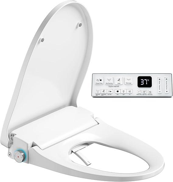 Electric Heated Bidet Warmer Water Toilet Seat with Heated Seat for Elongated, Warm Air Dryer, Endless Warmer Water, Remote Control, Curved Spray Bar, Power Cord, Clean Water