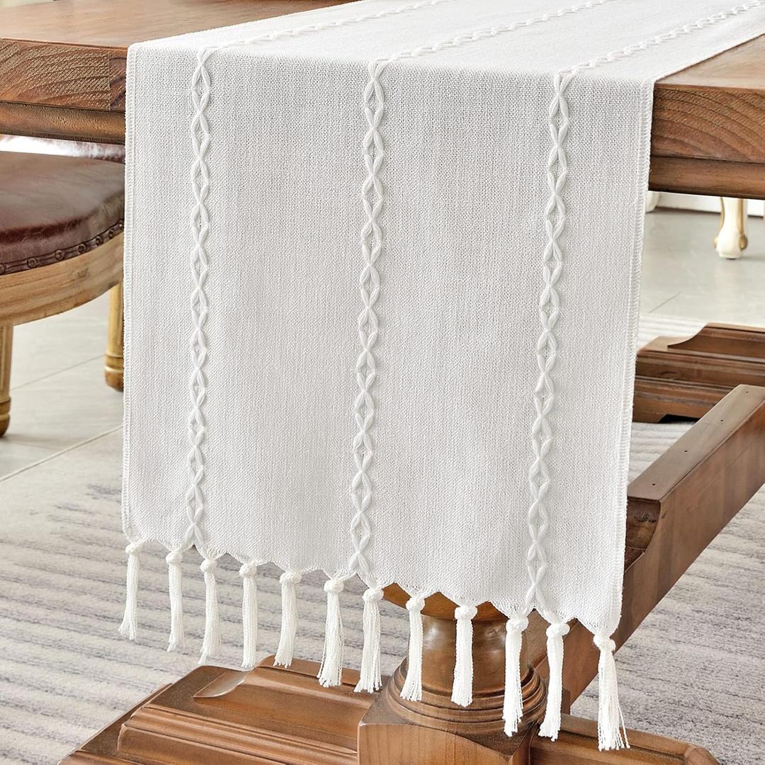 Wracra Rustic Linen Table Runner Farmhouse Style Table Runners 108 inches Long Embroidered Table Runner with Hand-Tassels for Party, Dresser Decor and Dining Room Decorations (White, 13"108")