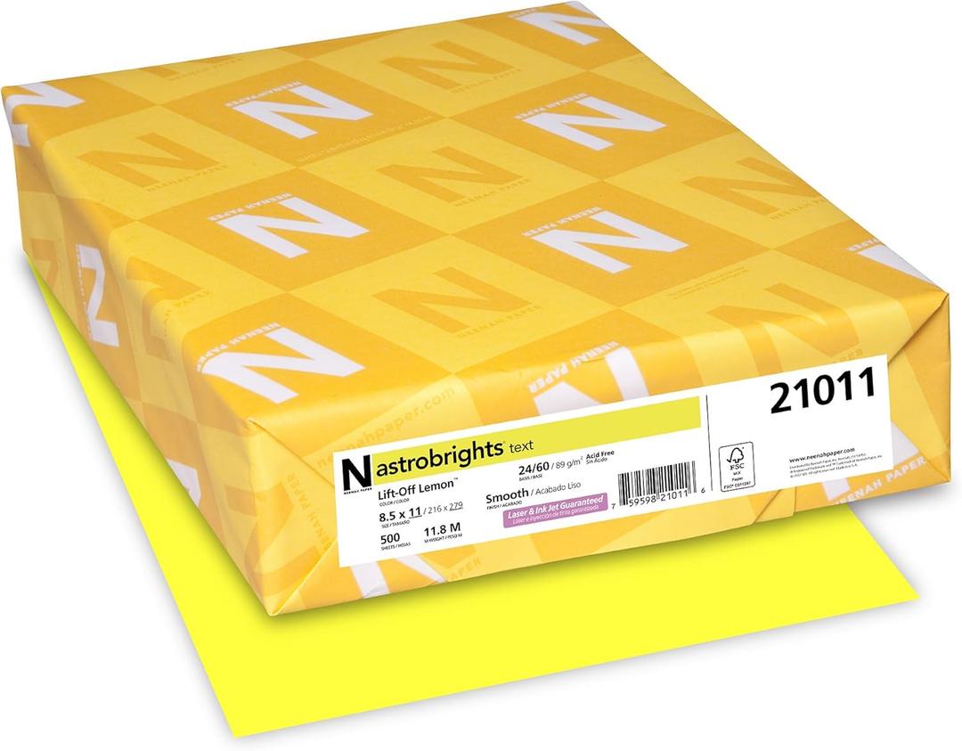 Bright Color Paper, Neenah Astrobrights, Letter Paper Size, 24 Lb, FSC Certified, Lift-Off Lemon, Ream Of 500 Sheets