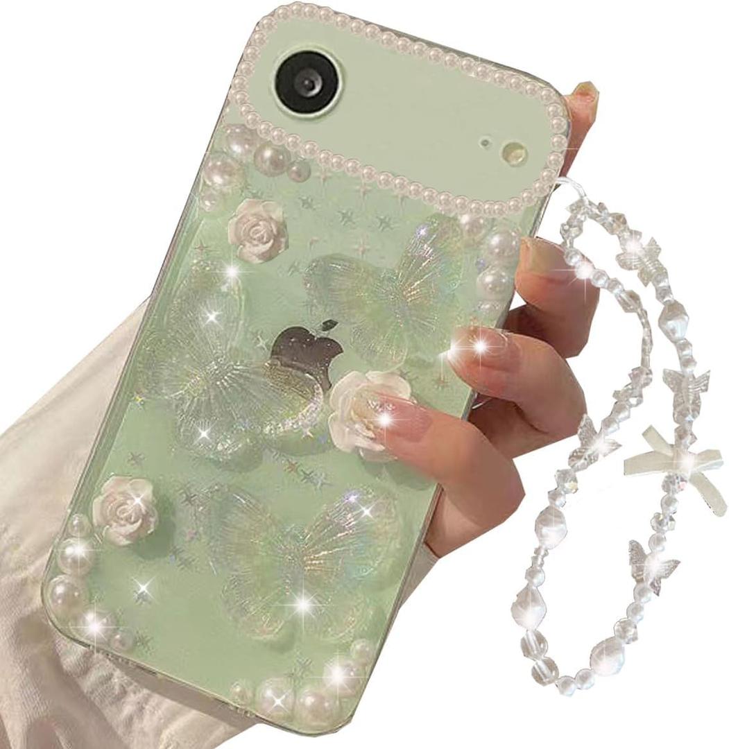 Changjia for iPhone Air Clear Glitter Case, Cute Girly 3D Butterfly Floral Flowers Crystal Pearl Bling Sparkle with Wrist Strap Soft TPU Aesthetic Women Girls Phone Case for iPhone 17 Air 6.5", Clear