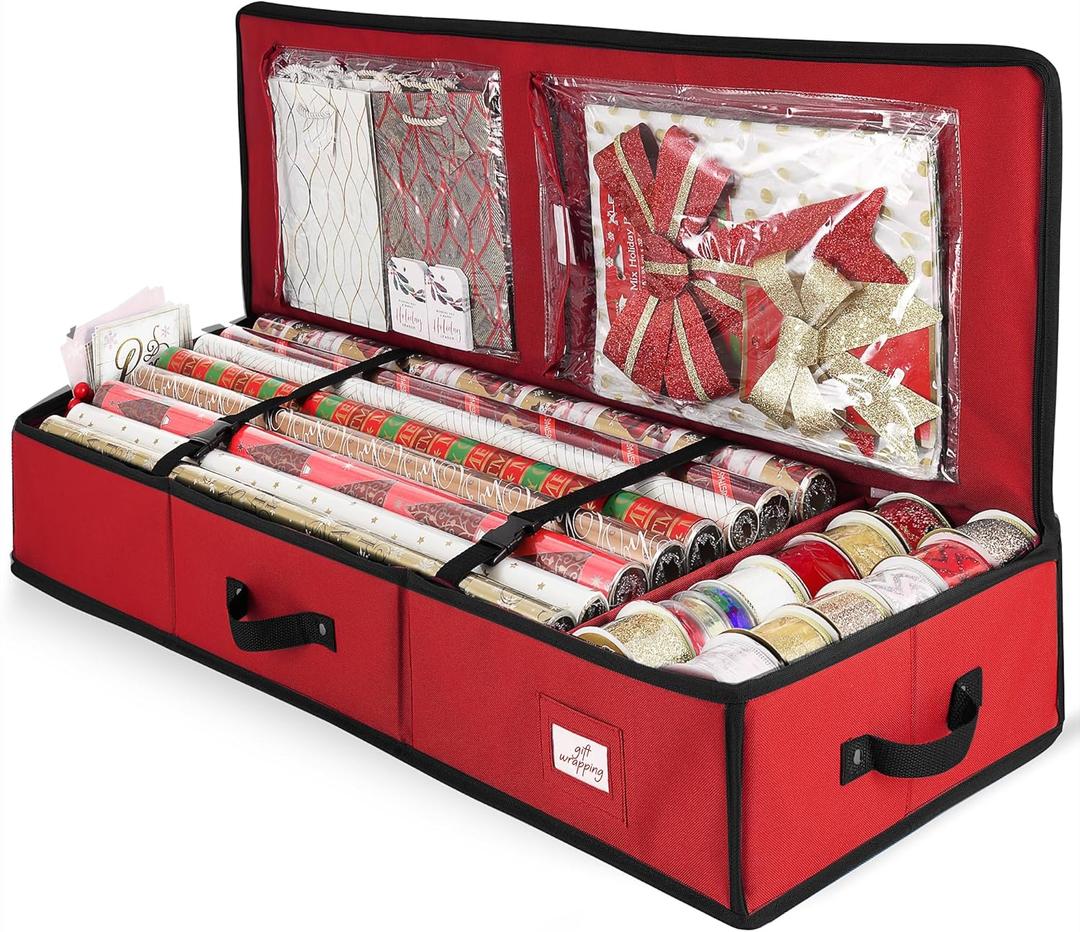 Hearth & Harbor Wrapping Paper Storage Container - Christmas Storage Bag with Interior Pockets - Gift Wrap Organizer Fits Up to 22 Rolls of 40" - Tear Proof, Red (Medium)