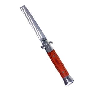 Switchblade Comb Pocket Knife Hair Brush Automatic Push Button Folding Barber (Wood Grain)