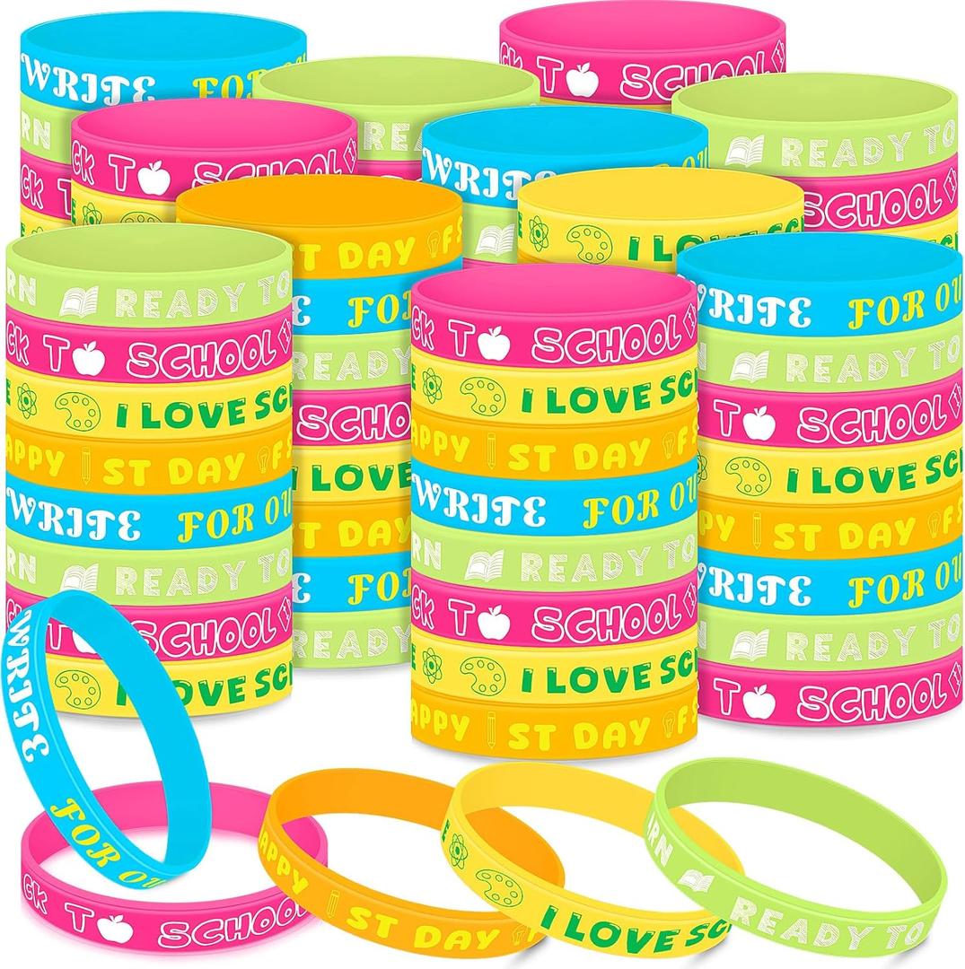 Kigeli 100 Pcs Welcome Back to School Bracelets Silicone Wristbands Gift Bulk First Day of School Favor for Kindergarten Students Prize Party Supplies Decorations (Bright Style)