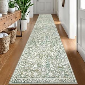 Vintage Runner Rugs for Hallway 2x12, Sage Green Beige Washable Extra Long Hallway Runner Rug Non Slip, Super Soft Kitchen Runner Rug, Print Faux Wool Floral Thin Carpet Hall Runner