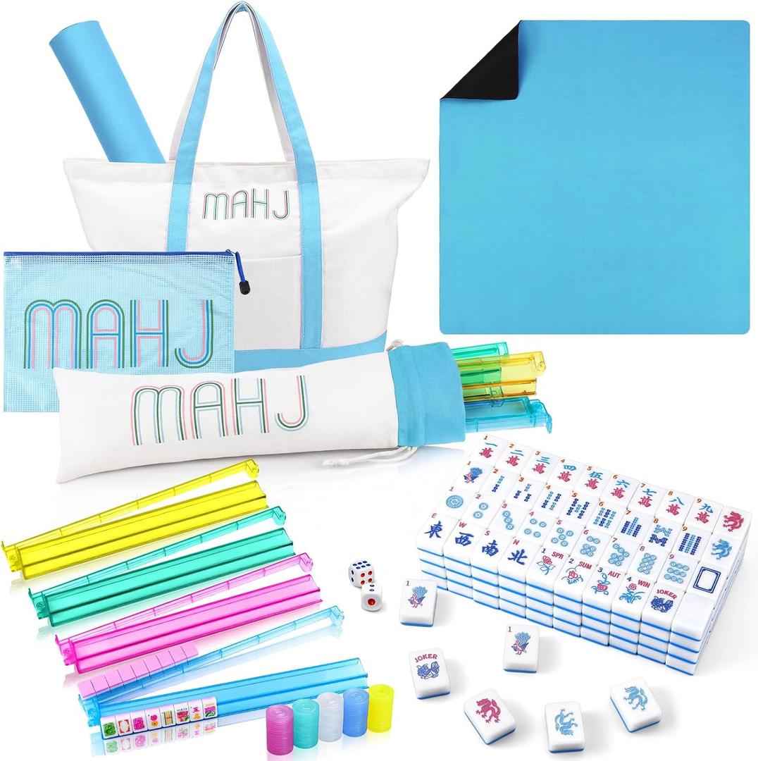 Ceenna American Mahjong Set with Carrying Bag 166 Tiles 4 All-in-one Color Rack Pushers Game Table Mat Plastic Mahjong Coins Complete Ma Jong Game Set(Blue)