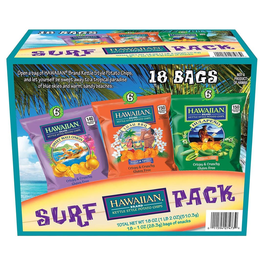 Hawaiian Brand Kettle Style Potato Chips Surf Pack, 18 Single-Serve Bags (1 oz Each) Includes Sweet Maui Onion, Luau BBQ, and Hulapeo Flavors Crispy & Crunchy, Gluten-Free Variety Snack Pack (EXP 10/26/26)