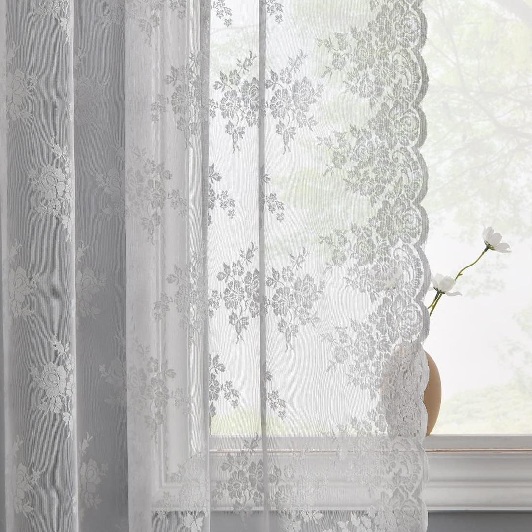 Kotile Grey Floral Sheer Curtains 96 Inches Long - Country Floral Patterned Vintage Lace Curtains for Living Room, Scalloped Edge Privacy Lace Sheer Window Curtains, 52 x 96 Inch, 2 Panels, Grey