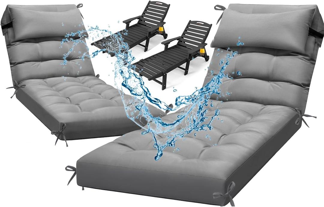 Waterproof Lounge Chair Cushion Set of 2, Outdoor Fade Resistant Chaise Lounger Replacement Cushions with 6 Ties, Thickened Memory Foam Pool Lounge Chair Cushions, 76 x 22 x 4.7 Inches, Gray