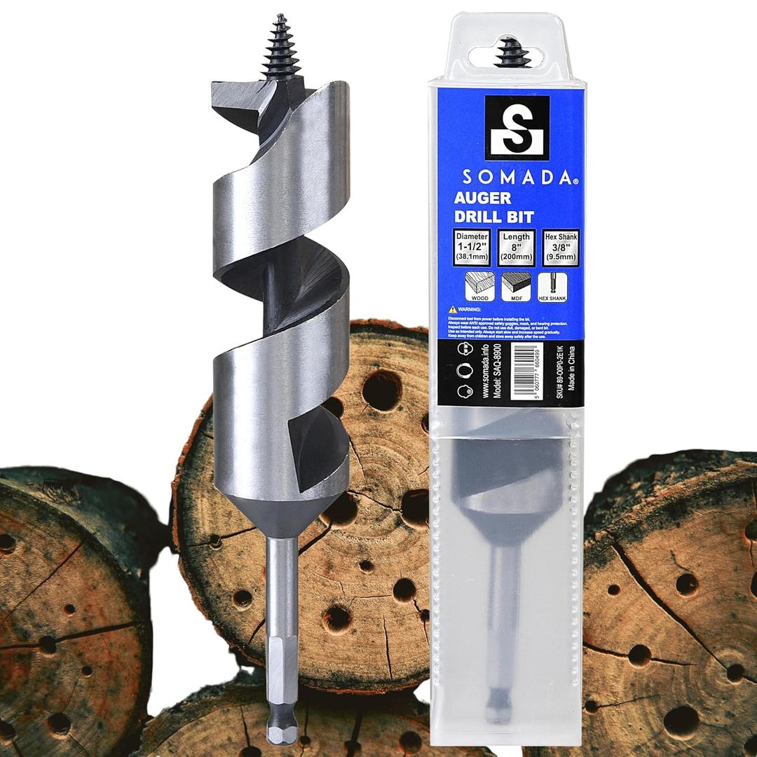 SOMADA 1-1/2-Inch x 8-Inch Auger Drill Bit for Wood, Quick Change Hex Shank 3/8-Inch One Piece, Ship Auger Long Drill Bit for Soft and Hard Wood, Plastic, Drywall and Composite Materials